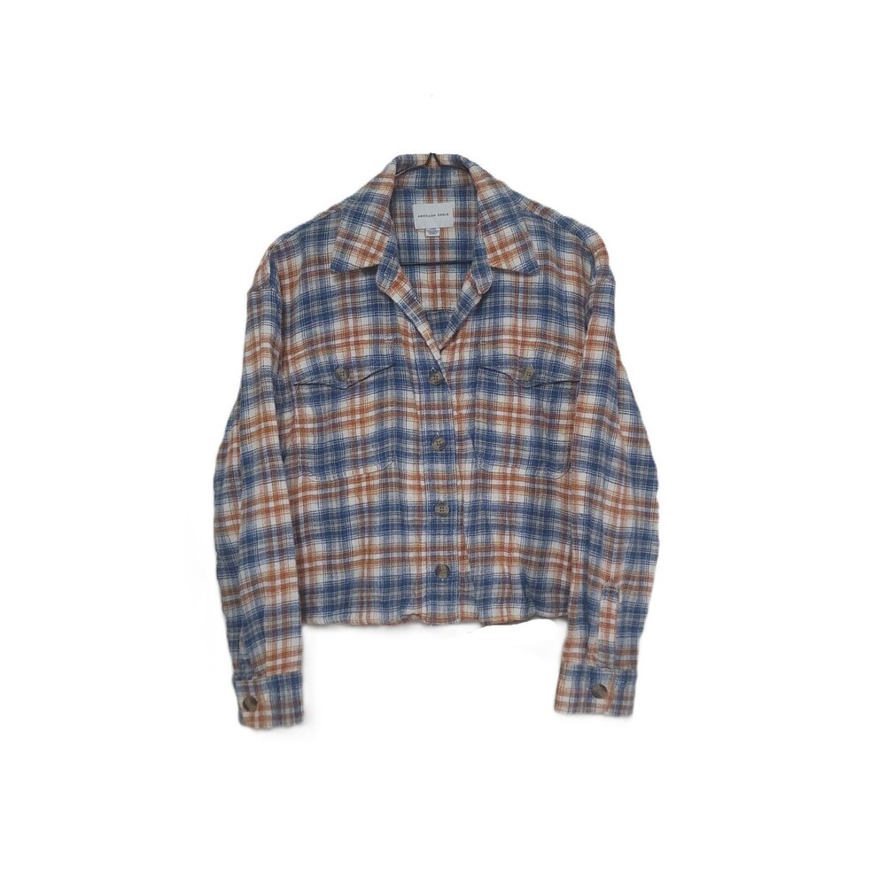 American Eagle Cropped Flannel Shirt Women S Blue Orange Plaid Long Sleeve